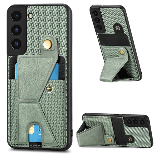 Samsung Galaxy S22 5G Carbon Fiber Wallet Flip Card K-shaped Holder Phone Case - Green