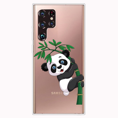Samaung Galaxy S22 Ultra 5G Painted Pattern High Transparent TPU Phone Case - Panda Climbing Bamboo