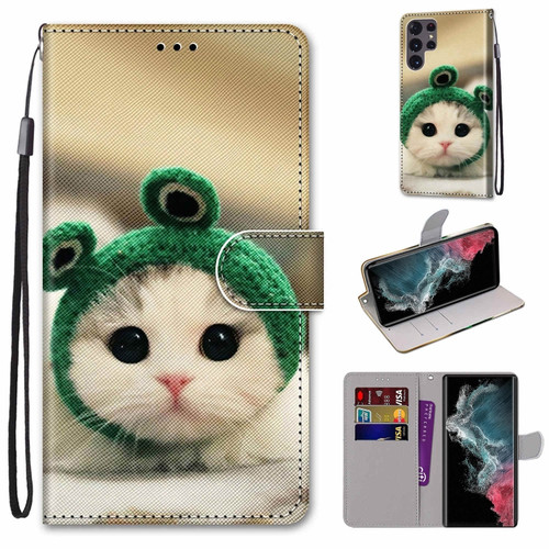 Samsung Galaxy S22 Ultra 5G Coloured Drawing Cross Texture Horizontal Flip Leather Phone Case with Holder & Card Slots & Wallet & Lanyard - Frog Kitten