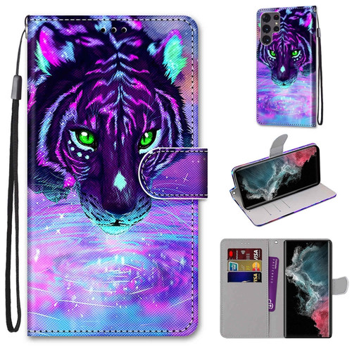Samsung Galaxy S22 Ultra 5G Coloured Drawing Cross Texture Horizontal Flip Leather Phone Case with Holder & Card Slots & Wallet & Lanyard - Tiger Drinking Water