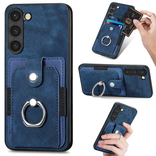 Samsung Galaxy S22 Ultra 5G Retro Skin-feel Ring Card Wallet Phone Case - Blue