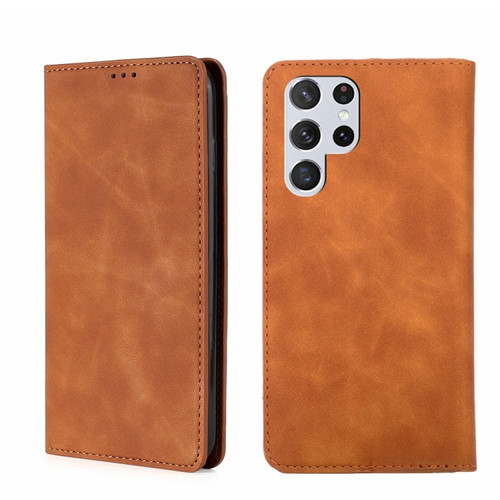 Samsung Galaxy S22 Ultra 5G Skin Feel Magnetic Horizontal Flip Leather Phone Case - Light Brown