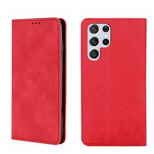 Samsung Galaxy S22 Ultra 5G Skin Feel Magnetic Horizontal Flip Leather Phone Case - Red