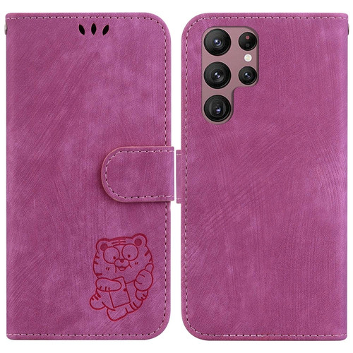 Samsung Galaxy S22 Ultra 5G Little Tiger Embossed Leather Phone Case - Rose Red