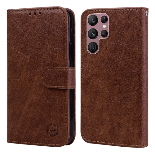 Samsung Galaxy S22 Ultra Skin Feeling Oil Leather Texture PU + TPU Phone Case - Brown
