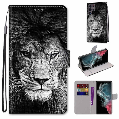 Samsung Galaxy S22 Ultra 5G Coloured Drawing Cross Texture Horizontal Flip PU Phone Leather Case with Holder & Card Slots & Wallet & Lanyard - Colorful Layer - Black and White Lion Head