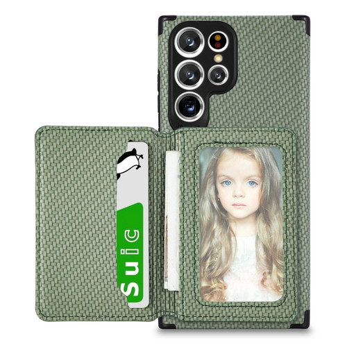 Samsung Galaxy S22 Ultra 5G Carbon Fiber Magnetic Card Holder TPU+PU Case - Green