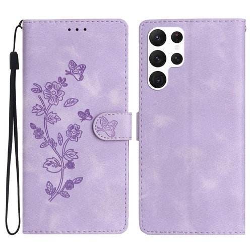 Samsung Galaxy S22 Ultra 5G Flower Butterfly Embossing Pattern Leather Phone Case - Purple