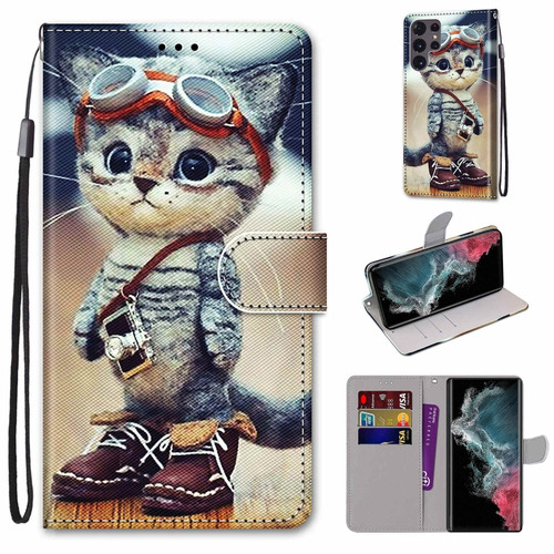 Samsung Galaxy S22 Ultra 5G Coloured Drawing Cross Texture Horizontal Flip PU Phone Leather Case with Holder & Card Slots & Wallet & Lanyard - Colorful Layer - Leather Shoes Cat