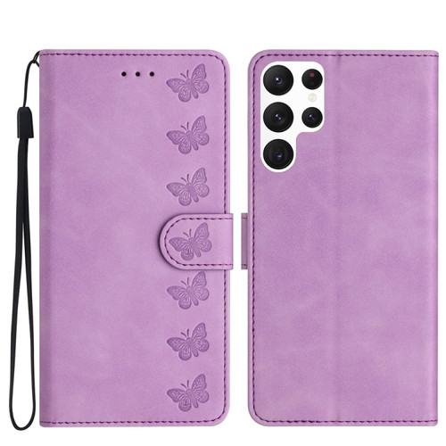 Samsung Galaxy S22 Ultra 5G Seven Butterflies Embossed Leather Phone Case - Purple