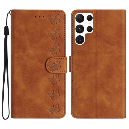 Samsung Galaxy S22 Ultra 5G Seven Butterflies Embossed Leather Phone Case - Brown