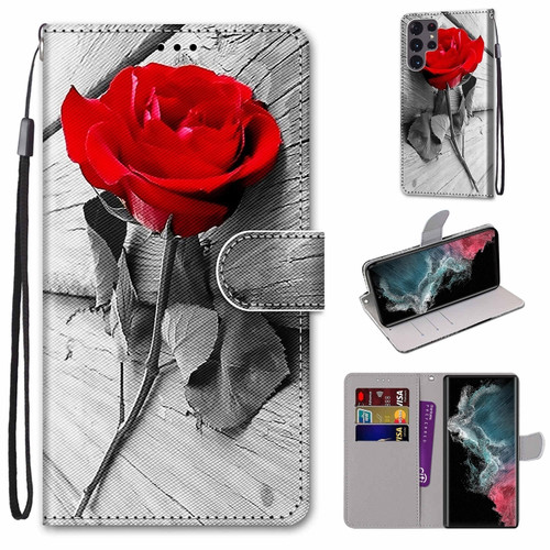 Samsung Galaxy S22 Ultra 5G Coloured Drawing Cross Texture Horizontal Flip PU Phone Leather Case with Holder & Card Slots & Wallet & Lanyard - Colorful Layer - Red Rose On Wooden