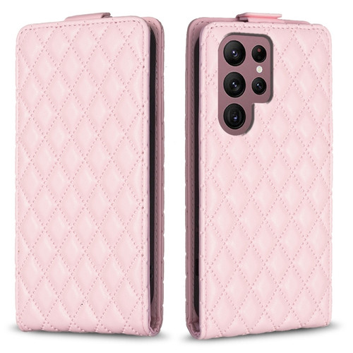 Samsung Galaxy S22 Ultra 5G Diamond Lattice Vertical Flip Leather Phone Case - Pink