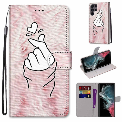 Samsung Galaxy S22 Ultra 5G Coloured Drawing Cross Texture Horizontal Flip PU Phone Leather Case with Holder & Card Slots & Wallet & Lanyard - Colorful Layer - Pink Hands Than Hearts