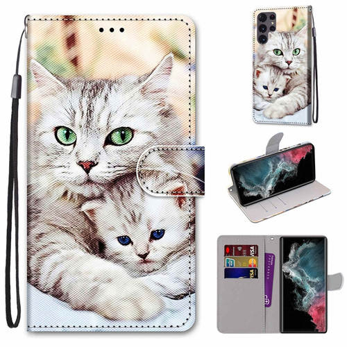 Samsung Galaxy S22 Ultra 5G Coloured Drawing Cross Texture Horizontal Flip PU Phone Leather Case with Holder & Card Slots & Wallet & Lanyard - Colorful Layer - Big Cat Hugging Kitten