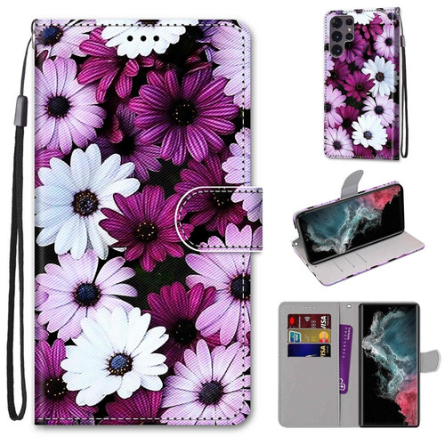 Samsung Galaxy S22 Ultra 5G Coloured Drawing Cross Texture Horizontal Flip PU Phone Leather Case with Holder & Card Slots & Wallet & Lanyard - Colorful Layer - Chrysanthemum Pink White Purple