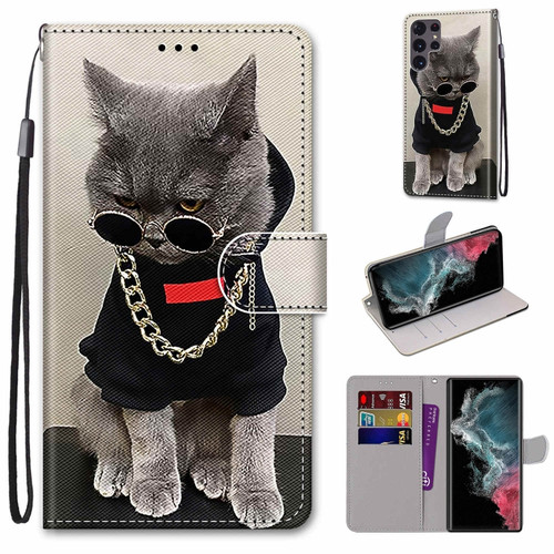 Samsung Galaxy S22 Ultra 5G Coloured Drawing Cross Texture Horizontal Flip PU Phone Leather Case with Holder & Card Slots & Wallet & Lanyard - Colorful Layer - Golden Chain Grey Cat