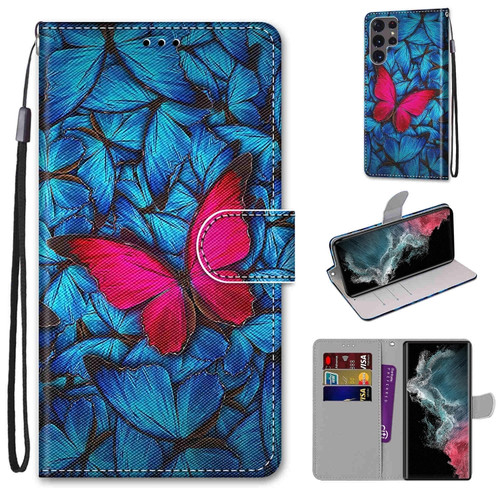 Samsung Galaxy S22 Ultra 5G Coloured Drawing Cross Texture Horizontal Flip PU Phone Leather Case with Holder & Card Slots & Wallet & Lanyard - Colorful Layer - Big Red Butterfly On Blue