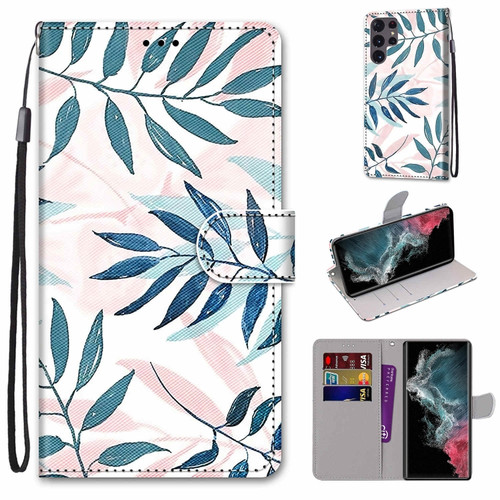 Samsung Galaxy S22 Ultra 5G Coloured Drawing Cross Texture Horizontal Flip PU Phone Leather Case with Holder & Card Slots & Wallet & Lanyard - Colorful Layer - Pink Green Needles