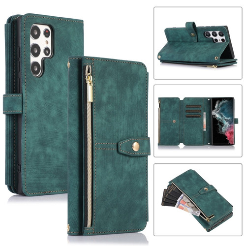 Samsung Galaxy S22 Ultra 5G Dream 9-Card Wallet Zipper Bag Leather Phone Case - Green