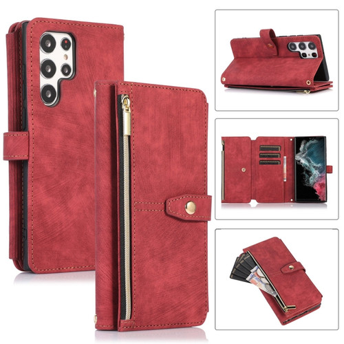 Samsung Galaxy S22 Ultra 5G Dream 9-Card Wallet Zipper Bag Leather Phone Case - Red