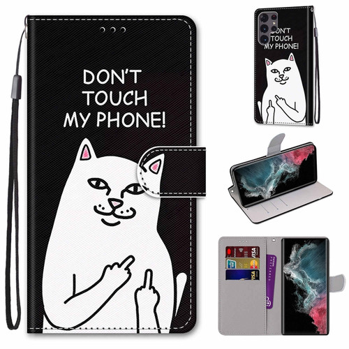 Samsung Galaxy S22 Ultra 5G Coloured Drawing Cross Texture Horizontal Flip PU Phone Leather Case with Holder & Card Slots & Wallet & Lanyard - Colorful Layer - Middle Finger White Cat