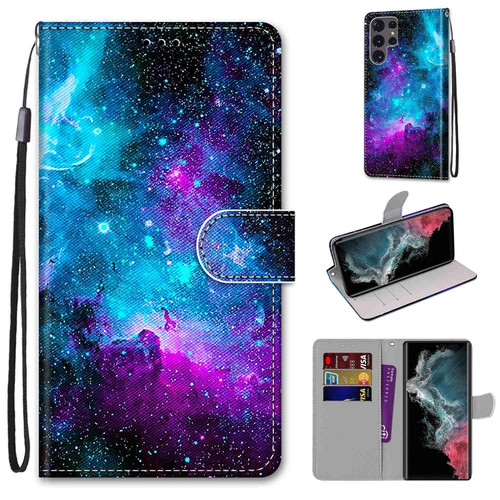 Samsung Galaxy S22 Ultra 5G Coloured Drawing Cross Texture Horizontal Flip PU Phone Leather Case with Holder & Card Slots & Wallet & Lanyard - Colorful Layer - Purple Green Starry Sky