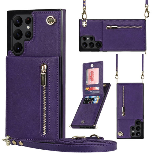 Samsung Galaxy S22 Ultra 5G Cross-body Square Zipper Card Holder Bag Phone Case - Purple