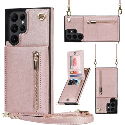 Samsung Galaxy S22 Ultra 5G Cross-body Square Zipper Card Holder Bag Phone Case - Rose Gold