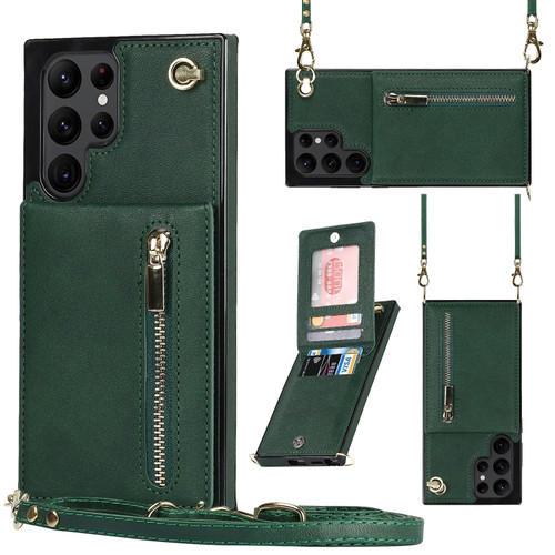 Samsung Galaxy S22 Ultra 5G Cross-body Square Zipper Card Holder Bag Phone Case - Green