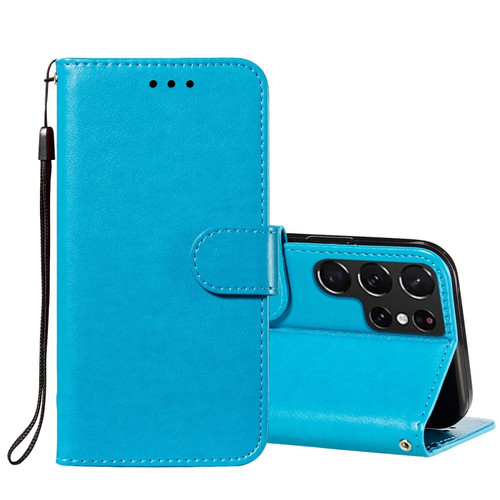 Samsung Galaxy S22 Ultra 5G Solid Color Leather Phone Case with Holder & Card Slots & Wallet & Lanyard - Blue