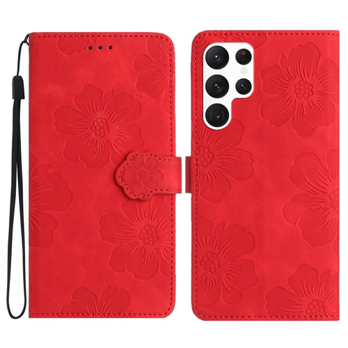 Samsung Galaxy S22 Ultra 5G Flower Embossing Pattern Leather Phone Case - Red