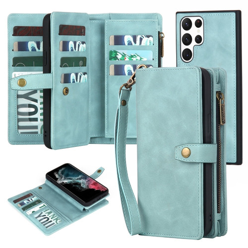 Samsung Galaxy S22 Ultra 5G Zipper Wallet Detachable MagSafe Leather Phone Case - Blue