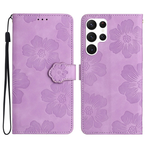 Samsung Galaxy S22 Ultra 5G Flower Embossing Pattern Leather Phone Case - Purple