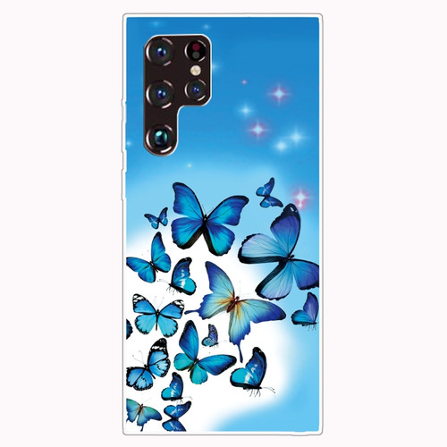 Samaung Galaxy S22 Ultra 5G Painted Pattern Transparent TPU Phone Case - Blue Butterfly
