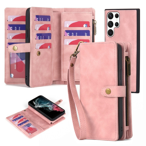 Samsung Galaxy S22 Ultra 5G Zipper Wallet Detachable MagSafe Leather Phone Case - Pink