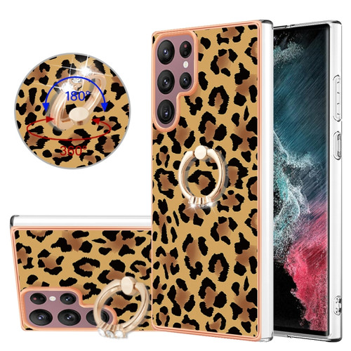 Samsung Galaxy S22 Ultra 5G Electroplating Dual-side IMD Phone Case with Ring Holder - Leopard Print