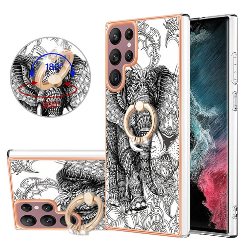 Samsung Galaxy S22 Ultra 5G Electroplating Dual-side IMD Phone Case with Ring Holder - Totem Elephant
