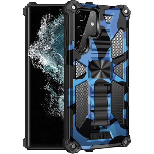 Samsung Galaxy S22 Ultra 5G Camouflage Armor Shockproof TPU + PC Magnetic Protective Phone Case with Holder - Dark Blue