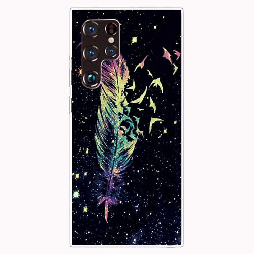 Samaung Galaxy S22 Ultra 5G Painted Pattern Transparent TPU Phone Case - Colorful Feathers