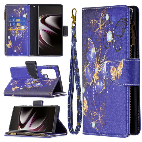 Samsung Galaxy S22 Ultra 5G Colored Drawing Pattern Zipper Horizontal Flip Phone Leather Case with Holder & Card Slots & Wallet - Purple Butterfly
