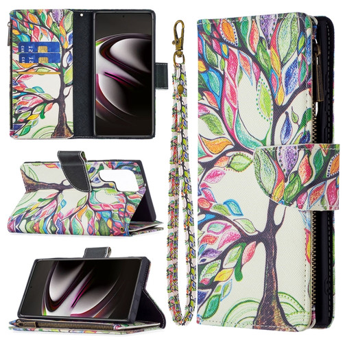 Samsung Galaxy S22 Ultra 5G Colored Drawing Pattern Zipper Horizontal Flip Phone Leather Case with Holder & Card Slots & Wallet - Tree