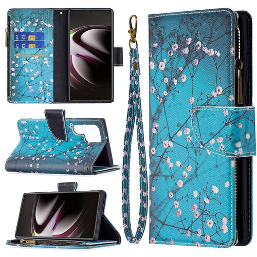 Samsung Galaxy S22 Ultra 5G Colored Drawing Pattern Zipper Horizontal Flip Phone Leather Case with Holder & Card Slots & Wallet - Plum Blossom