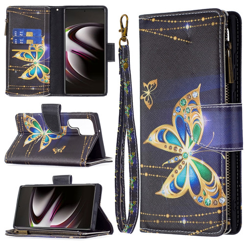 Samsung Galaxy S22 Ultra 5G Colored Drawing Pattern Zipper Horizontal Flip Phone Leather Case with Holder & Card Slots & Wallet - Big Butterfly