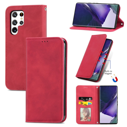 Samsung Galaxy S22 Ultra 5G Retro Skin Feel Magnetic Horizontal Flip Leather Case with Holder & Card Slots & Wallet & Photo Frame - Red