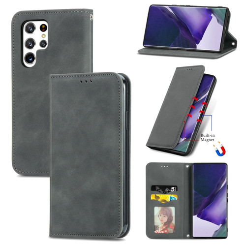 Samsung Galaxy S22 Ultra 5G Retro Skin Feel Magnetic Horizontal Flip Leather Case with Holder & Card Slots & Wallet & Photo Frame - Gray