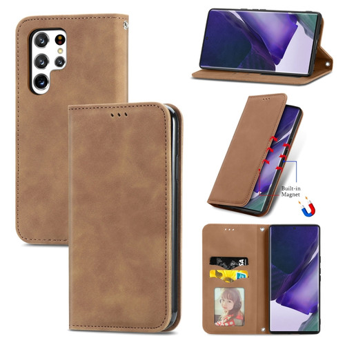 Samsung Galaxy S22 Ultra 5G Retro Skin Feel Magnetic Horizontal Flip Leather Case with Holder & Card Slots & Wallet & Photo Frame - Brown