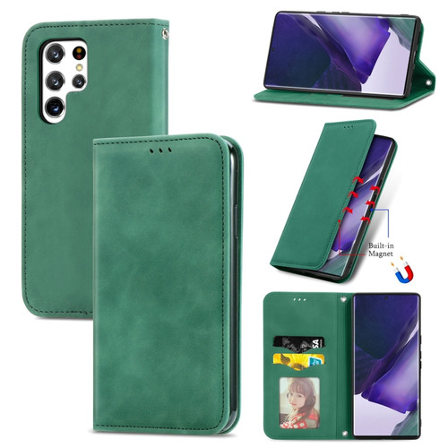 Samsung Galaxy S22 Ultra 5G Retro Skin Feel Magnetic Horizontal Flip Leather Case with Holder & Card Slots & Wallet & Photo Frame - Green