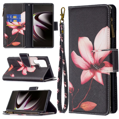 Samsung Galaxy S22 Ultra 5G Colored Drawing Pattern Zipper Horizontal Flip Phone Leather Case with Holder & Card Slots & Wallet - Lotus