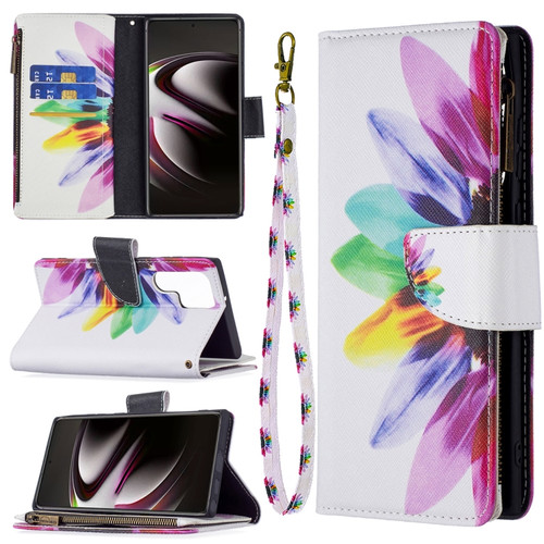 Samsung Galaxy S22 Ultra 5G Colored Drawing Pattern Zipper Horizontal Flip Phone Leather Case with Holder & Card Slots & Wallet - Sun Flower